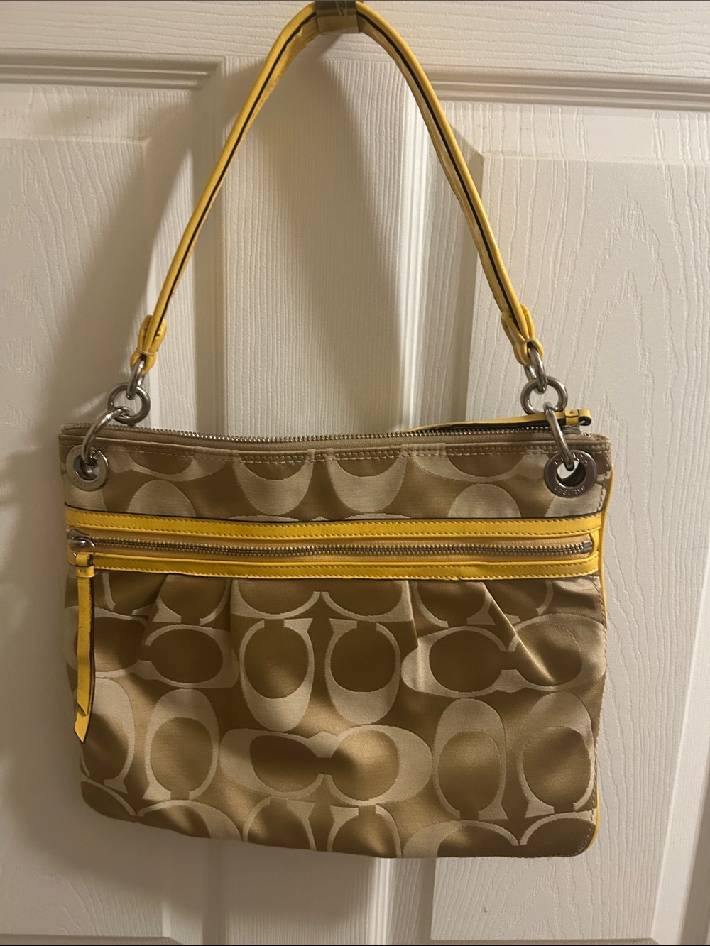 Coach Khaki Signature Shoulder Bag with Yellow Trim with out hang tag